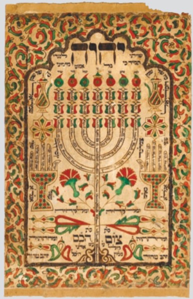 Juifs d’Orient, une histoire plurimillénaire : Shiviti Adonai le Negdi Tamid. Maroc, vers 1850, encre et peinture sur papier, 37,5 x 22,2 cm Collection privée William L. Gross, Tel-Aviv.